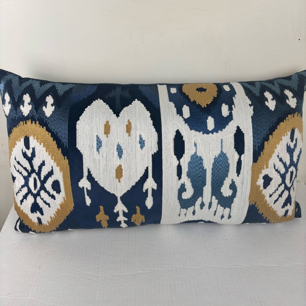 CALLISTO HOME design lumbar embroidered ikat-indigos/gold/white